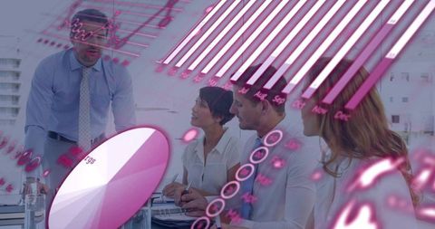 Business team analyzing magenta data visualization overlay during boardroom presentation