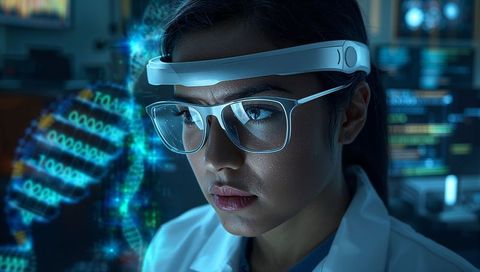 Scientist analyzing holographic dna projection wearing ar visor in futuristic genomics lab