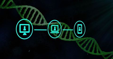 Futuristic dna helix with connected digital devices icons