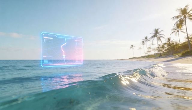 Holographic navigation map floating over tropical ocean with palm beach and neon route