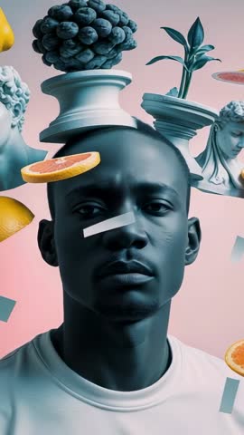 Rotating portrait with drifting grapefruit and classical busts in surreal vertical video