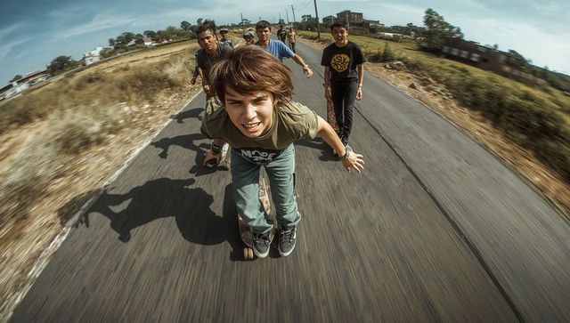 Skateboarding teen crouching low on country road with friends riding longboards at speed