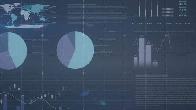 Blue-toned digital screen displaying various analytical graphs, pie charts, bar graphs, and world map representing global business data. Useful for content related to financial analysis, business intelligence, data visualization, infographics, technology-driven business presentations, and global market trends illustrations.