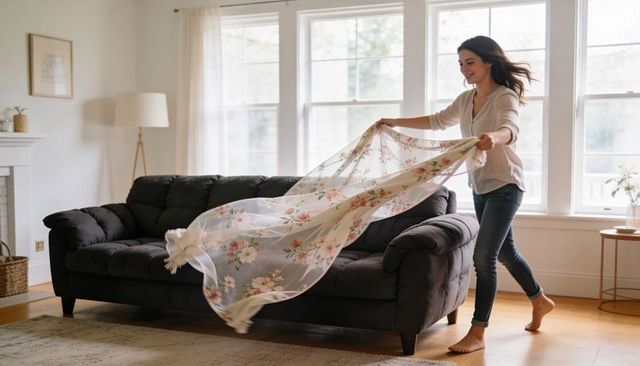 Young woman spreading floral throw over gray sofa in sunlit cozy living room