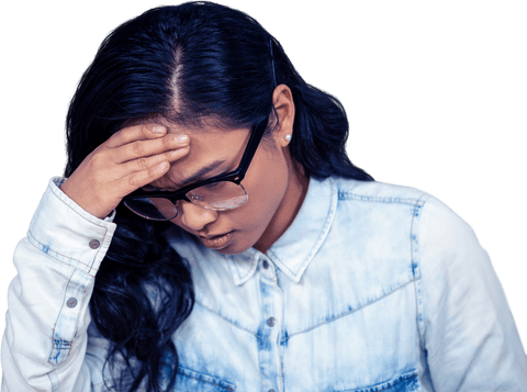 Asian Woman Holding Her Head, Looking Stressed Against Transparent Background