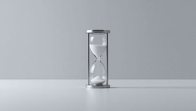 Elegant metal hourglass with flowing sand on minimalist surface