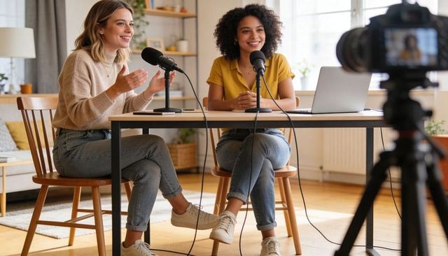 Recording Two Hosts Creating Cozy Home Podcast with Microphones, Laptop, Camera