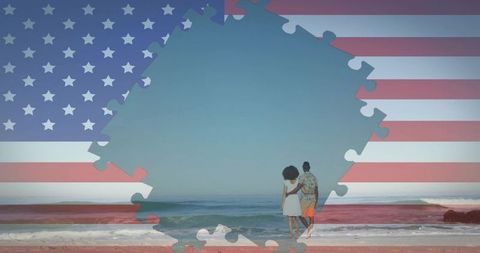 Couple walking on beach with american flag jigsaw puzzle overlay