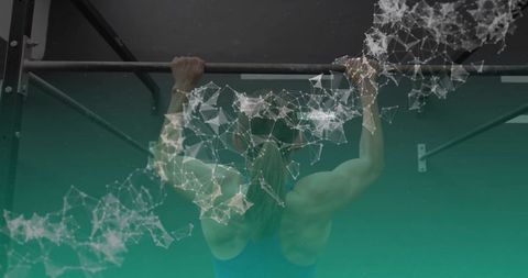 Female Athlete Performing Pull-Up with Abstract Network Overlay for Fitness and Strength