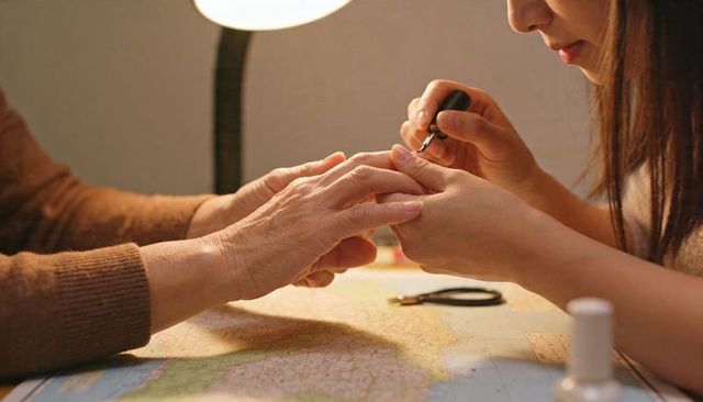 Manicurist applying nail polish on senior hands during home care
