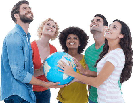 Diverse group holding globe transparent background