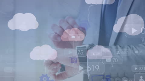 Close-Up of Businessman Checking Smartwatch with Digital Overlays