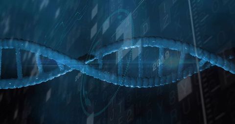 Glowing blue DNA double helix with HUD and binary overlay for biotech visualization