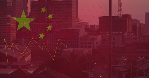 Digital China Financial Data Over Urban Landscape at Dusk