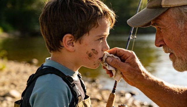 Grandfather wiping mud from boy's face while fishing at riverbank, outdoor family bonding
