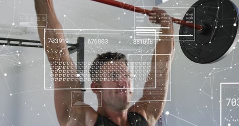 Man Pressing Barbell Overhead with Augmented Reality HUD Overlay Showing Performance Data