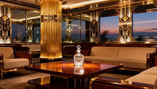 Crystal decanter reflecting light on high-gloss coffee table in art deco lounge at sunset