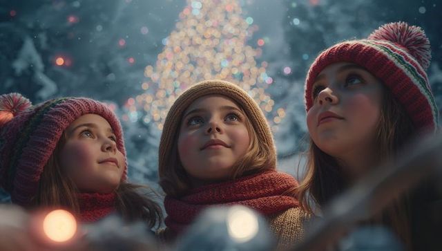 Three sisters gazing at illuminated christmas tree during snowy night
