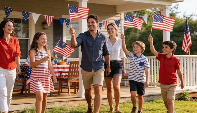 Family celebrating fourth of july on front porch waving american flags and bunting