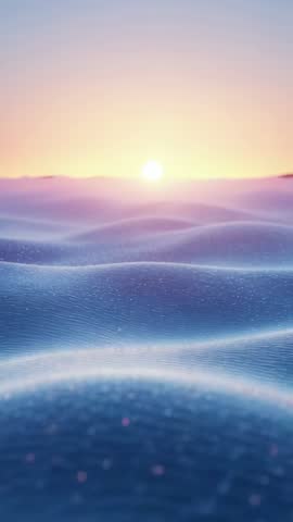 Vertical sunrise showing luminescent blue-pink dunes shimmering with drifting particles, mesh lines