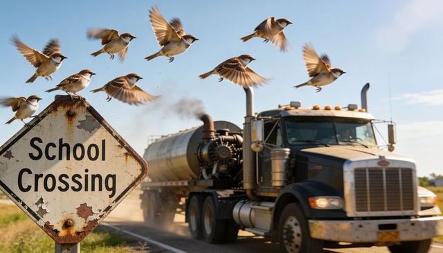 Tanker truck driving past rusted school crossing sign with flock of sparrows