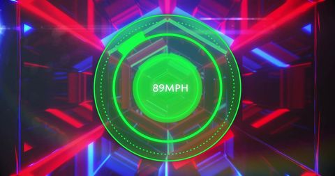 Futuristic speedometer display over vibrant geometric background