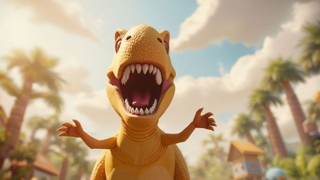 Joyful cartoon t-rex roaring in vibrant tropical landscape