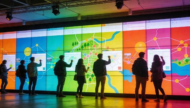Visitors interacting with vibrant interactive map videowall in modern exhibition space