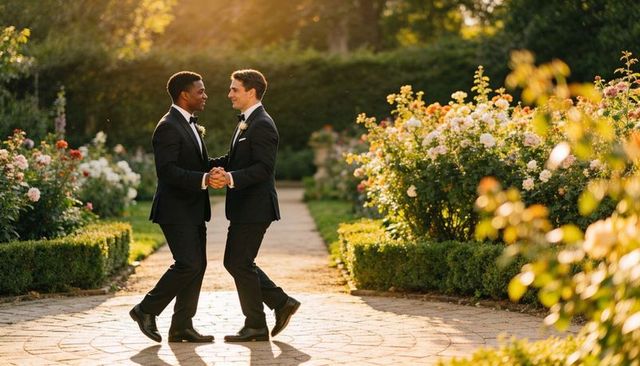 Two grooms dancing in rose garden at golden hour in black tuxedos and boutonnieres