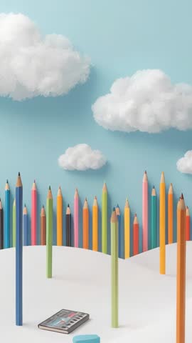 Vertical video panning across colorful pencils and fluffy clouds with watercolor palette