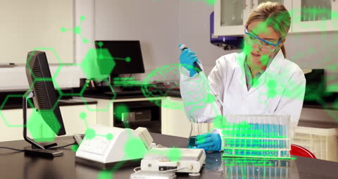 Scientist Working on Scientific Experiment with Digital Interface Overlay