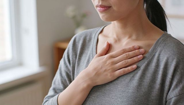Woman placing hand on chest in calm minimalist home interior reflecting mindfulness