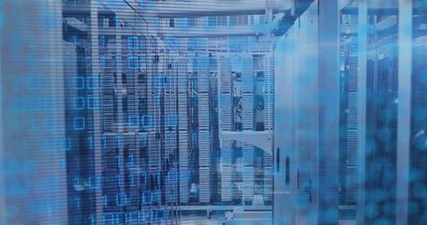 Futuristic Data Center with LED Glow and Binary Code Overlay