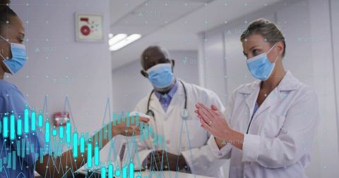 Clinical healthcare team exchanging device in hospital corridor with analytics data overlay