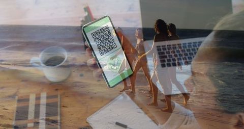 Composite of Lifestyle and Technology with Friends Celebrating at Beach