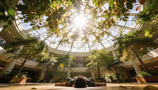 Man lying in sunlit atrium under glass dome, relaxing beneath indoor trees and skylight