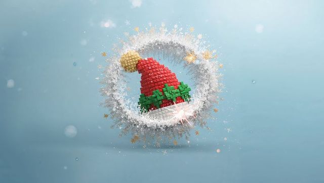 Floating voxel santa hat inside frosty wreath with gold star confetti and holly cubes
