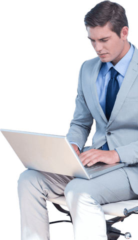 Transparent Businessman in Gray Suit Using Laptop and Focused