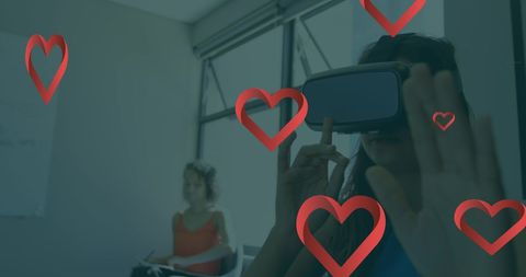 Woman Exploring Virtual Reality with Heart Graphics