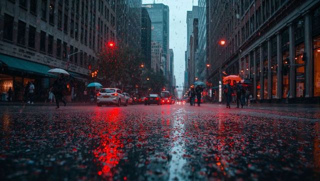 Rainy city night wet street reflecting red taillights neon glow pedestrians with umbrellas