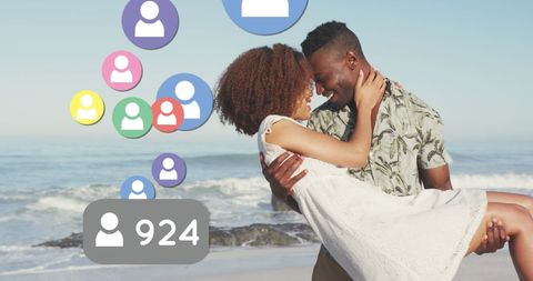 Romantic beach vacation with social media connection concept