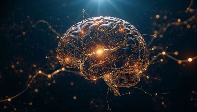 Golden Neural Network Brain Wireframe Glowing Nodes Abstract AI Intelligence Visualization