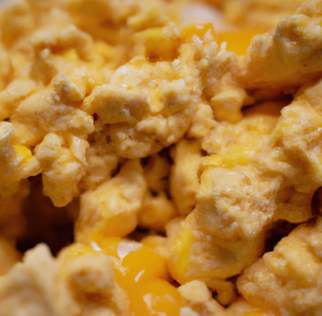 Close-up view of fluffy scrambled eggs with melted cheese. The bright yellow colors and creamy texture are highlighted, making the dish appear fresh and appetizing. This image can be used to represent hearty breakfasts, protein-rich meals, or homestyle cooking. Ideal for food blogs, recipe websites, or publications focused on nutritious breakfasts.