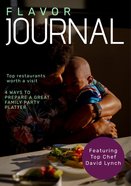Magazine cover template showcasing parent and child bonding during meal, perfect for featuring food guides, top restaurants, family dinner ideas, and chef highlights. Use it for publications focused on culinary experiences, family dining recommendations, or restaurant reviews.