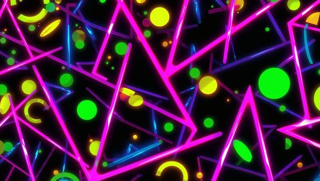 Vibrant Neon Triangles and Circles on Black Background