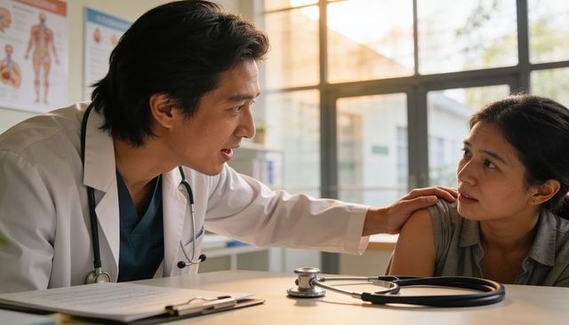 Doctor offering comforting consultation to worried patient in clinic with warm sunlight