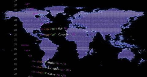 Pixelated World Map Overlayed with HTML Code in Neon Purple
