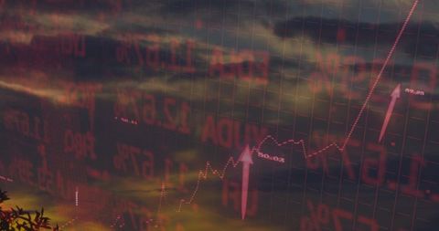 Stock Market Surge Overlaying Sunset Sky with Red Upward Arrows and Transparent Grid