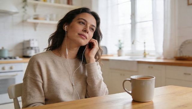 Serene woman listening to music with wired earbuds in sunlit minimalist kitchen with ceramic mug