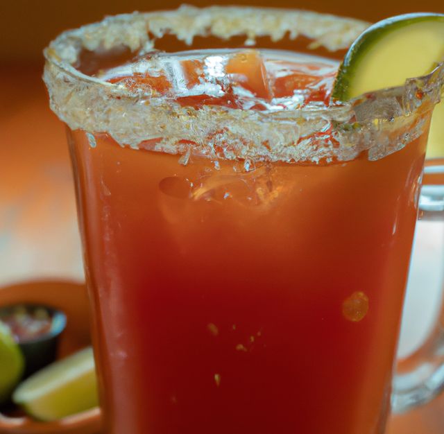Image of close up of michelada drink in glass with sugar frosted edge and slice of lime - Download Free Stock Photos Pikwizard.com